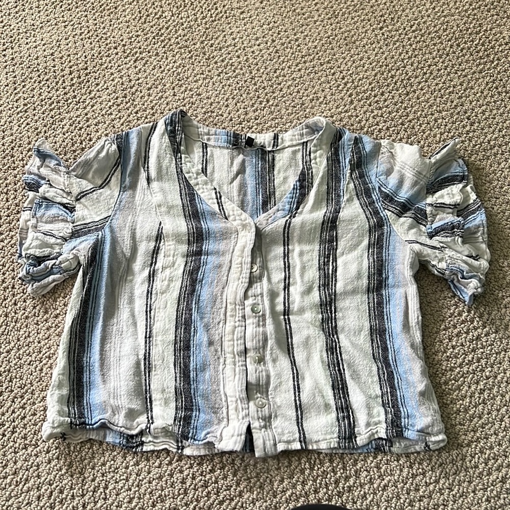 DREW blouse button down. Hints of gray, white, mint green and light blue.